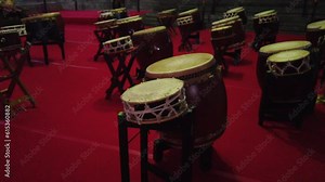 Taiko Drums, Percussion Japanese Musical Instruments Displayed Onstage Asian Art