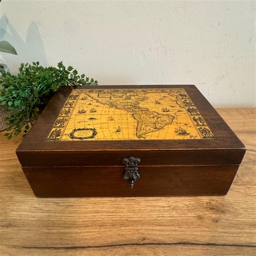 Vintage Wooden Keepsake Box | Antique Map Top Storage Box | Decorative Trinket Chest | Rustic Home Decor - Etsy