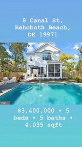 8 Canal St, Rehoboth Beach, DE 19971 • $3,400,000 • 5 beds • 5 baths • 4,035 sqft Just completed in October 2024, this stunning brand-new custom home redefines luxury beach living in Downtown Rehoboth Beach—no need to wait for construction! This extraordinary classic cottage-style residence, infused with modern elegance, is designed for the most discerning buyer. The main level features soaring 10-foot coffered ceilings and exquisite coastal decor, professionally decorated to create an inviting 