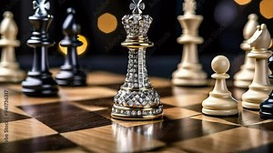 A silver chess king piece with a golden crown stands on a chessboard, surrounded by other chess pieces.