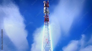 5G Fifth generation of telecom tower and radio signal animation. 3D render