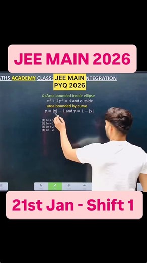 Shivang Gupta on Instagram: "MAIN 2026 ( 21 Jan – Shift 1 ) Q) Area bounded inside ellipse 𝑥^2+4𝑦^2=4 and outside area bounded by curve y=|x|−1 and y=1−|x| JEE Main 2026 (First Attempt) LIVE Paper Discussion 🔥 | Shift 1 - 21st Jan 2026 ⚡ JEE Main 2026 - Paper Solution - 21 January Shift 1 JEE Main 2026 Paper Solution - 21st Jan - Shift 1 Join us on January 21st (Shift 1) for an exclusive walkthrough of the latest JEE Main paper. This is your chance to decode complex problems, learn time-savin