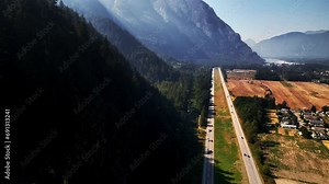 Hope Princeton Highway Passing By Industrial Landscape In Hope, BC, Canada. aerial sideways