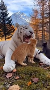 White tigers carry a rare genetic variation, and only about 1 in 10,000 tiger births naturally produces a white tiger. Domestic cats surprisingly share nearly 95% of their DNA with tigers, which is why both show similar stalking, pouncing, and playful instincts. In snowy habitats, big cats conserve energy and sometimes become unusually calm, allowing smaller animals to move comfortably around them. And in such frozen landscapes, it wouldn’t be impossible to witness a moment where a white tiger s