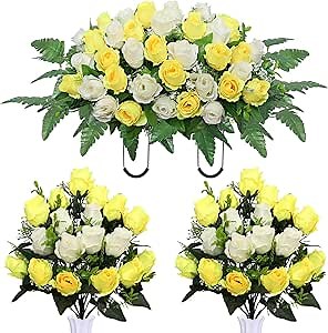Artificial Cemetery Flower Saddles, Cemetery Memorial Flowers with Vase,Outdoor Grave Saddle Headstone Decorations, Artificial Rose Bouquet Grave Memorial Flowers (Yellow White)