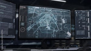 Advanced Satellite Intelligence Network Scanning Military Base Position. Satellite Network Gathers Intelligence On Enemy Army. Spy Intelligence Computer Network With Satellite Connection