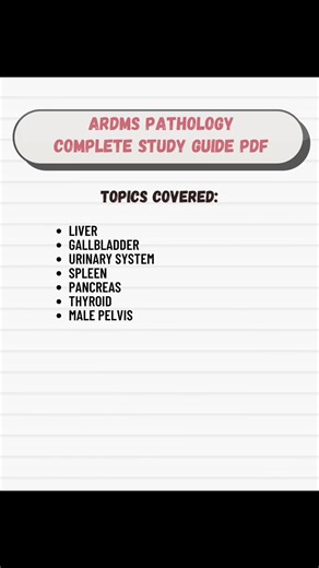Stop scrolling if you’re stressed about the ARDMS! Pathology is the biggest chunk of the exam, & let’s be real-it can be overwhelming. I turned the red penny book abdomen portion into a simplified, must know, easy to follow and learn study guide so you don’t have to! What’s inside the study guide? ✅ clear simplified definition and common causes ✅ labs, symptoms & signs ✅ ultrasound images for pathology Organized perfectly to help you actually retain the info! #sonographer #ardms #ultrasoundtech 