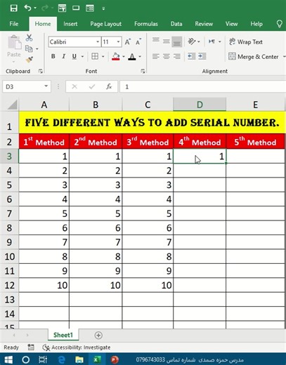 Five different ways to add serial number.💯 😱 #excel #exceltutorial #exceltricks #اکسل #Excel #viral #viral_video | آموزش کمپیوتر برای افغان ها