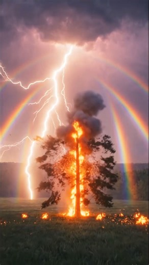 LIGHTNING THROUGH A TRIPLE RAINBOW A flat green field and a lone pine on the horizon… Then a single bolt drops straight through the center and the rainbow stack appears around it — bright, clean, perfectly spaced. The scene feels like a split-second collision of storm energy sunlight. | AstroNature