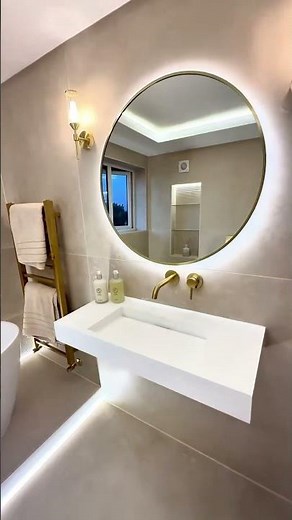 Warm Modern Bathroom Design with LED Mirror & Floating Vanity ✨🛁 #inyouths