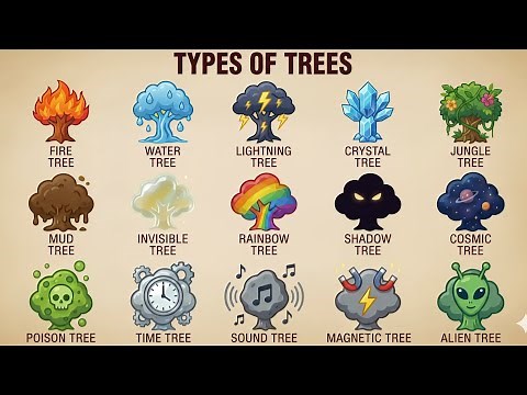 “15 Magical Fantasy Tree Types Poster – Fire, Water, Lightning, Crystal & Cosmic Trees Digital Art