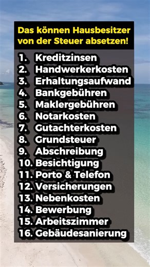Teilt das Video mit allen Hausbesitzern! Diese Kosten können von der Steuer abgesetzt werden: Es handelt sich hier um eine Übersicht. Viele Punkte sind mit Bedingungen und Höchstbeträgen versehen. Informiert euch also immer selber, welche genauen Kosten ihr in welcher Höhe absetzen könnt! Quelle: ING, Immowelt, Focus #eigenheim #steuern #steuererklärung #steuernsparen #steuerberaterin #hausbau #immobilie #steuertipps #grundsteuer #nebenkosten #sanierung #finanzdenker #finanzen #finanzwissen #wis