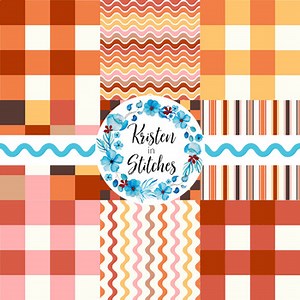Happy Fall Seamless Pattern Set Digital Paper Gingham Plaid and Stripes