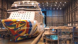 On August 17th, 2019, Norwegian Encore successfully completed a major construction milestone, when it emerged for the first time from the Meyer Werft ship building dock in Papenburg, Germany. | Norwegian Cruise Line
