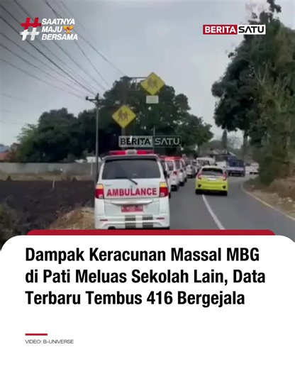 Dampak Keracunan Massal MBG di Pati Meluas Sekolah Lain, Data Terbaru Tembus 416 Bergejala Jumlah siswa yang diduga mengalami keracunan Makan Bergizi Gratis (MBG) menembus hingga 416 orang. Dimana hingga Jumat (11/8/2026) 63 siswa masih menjalani perawatan pada sejumlah rumah sakit. Peristiwa dugaan keracunan MBG massal yang terjadi pada Rabu (9/9/2026) kemarin membuat ratusan siswa harus dilarikan ke sejumlah fasilitas kesehatan (faskes) hingga sebabkan IGD penuh. Simak berita selengkapnya di B