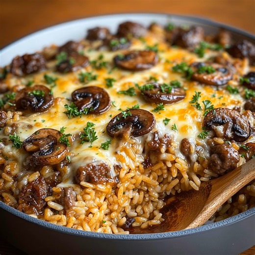 This comforting casserole brings together tender beef, earthy mushrooms, and creamy rice in one irresistible bake. It’s the kind of meal that makes everyone go back for seconds — simple, rich, and oh-so-satisfying! ❤️🍄 | Recipes by Lisa