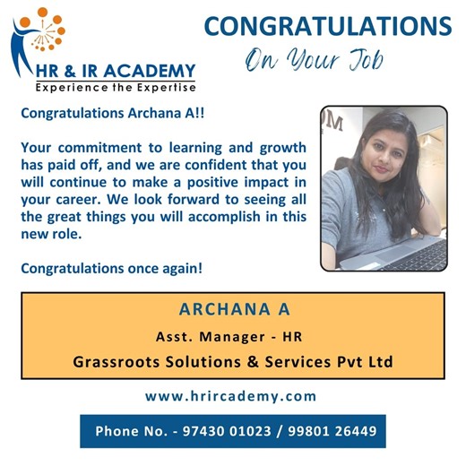 1.7K views | Congratulations on becoming a Asst. Manager - HR!! at Grassroots Solutions & Services Pvt Ltd. Your dedication to learning and growth has led to this achievement, and we believe you will excel in your new role. We can't wait to see the positive impact you will make! Keep up the fantastic work! | HR & IR Academy | Facebook