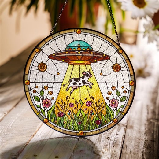 UFO Cow Abduction Suncatcher, Floral Alien Art Glass Window Hanging, Funny Outer Space Decor, Quirky Sci-fi Rainbow Maker Gift - Etsy