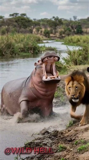 Mother Hippo Protects Baby From Lion Fury #hippo #lion #wild #savana