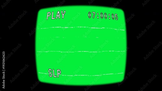 A vintage, curved CRT television monitor displays a bright chroma key green screen alongside classic VHS playback overlays, including a running timecode, tracking distortion, and the word play on top