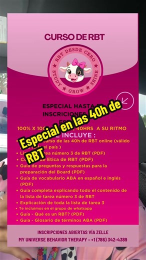 ABA therapy ✨ CURSO RBT DESDE CERO ✨ 🎯 Study • Grow • Shine ¿Quieres convertirte en RBT (Registered Behavior Technician) y trabajar en ABA? ¡Esta es tu oportunidad! 👇 🔥 ESPECIAL HASTA 50 INSCRIPCIONES — $287 📚 100% ONLINE | 40 HORAS | A TU RITMO 🇺🇸 Válido en todo Estados Unidos 🗣️ En español ⸻ 💼 ¿QUÉ INCLUYE? ✔️ Acceso al curso oficial de 40 horas de RBT ✔️ Lista de Tareas RBT 3 (PDF) ✔️ Código de Ética RBT (PDF) ✔️ Guía de preguntas y respuestas para el Board (PDF) ✔️ Guía de vocabulari