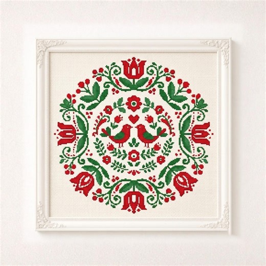 Folk Bird Floral Circle Counted Cross Stitch Pattern PDF - Etsy