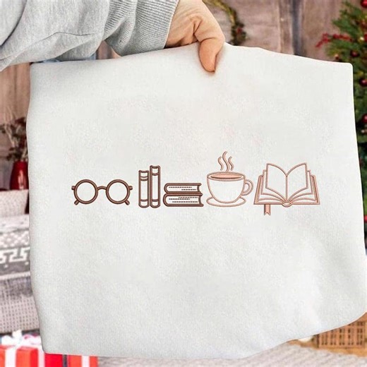 Reading Icons Embroidery Design | Book Coffee Glasses Set | Minimal Line Art | Reader Aesthetic | Machine Embroidery File - Etsy