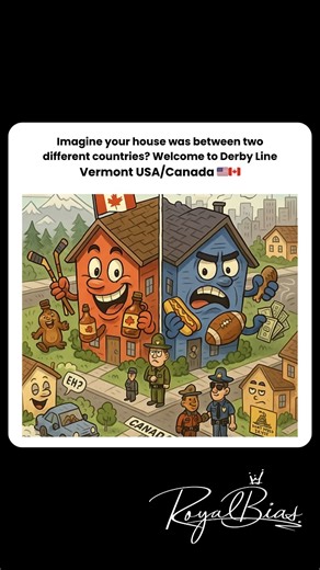 Royal Bias on Instagram: "This really happened 😂 ⬇️ DERBY LINE, VT - Seven people were apprehended after entering Vermont illegally from Quebec by driving across the lawn of a library built in both the US & Canada. Some people live on the edge. Some live on the line. Literally. ⬇️ ( Full article- #linkinbio ) Welcome to Derby Line, Vermont, where your front door might be in the United States, but your bathroom—and your morning shame spiral—happens in Canada. One house there is so perfectly spli