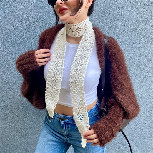 Handmade Cotton Lace Skinny Scarf, Crochet Ivory Summer Neck Tie, Boho Bandana Head Scarf - Etsy