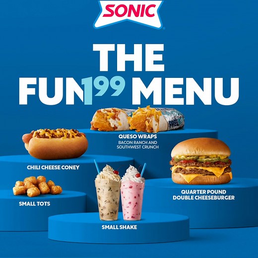 New $1.99 Menu! Enjoy five items, including fan favorites and new Queso Wraps, always $1.99 all day, every day 🥳​ Limited-Time-Only Shakes Not Included in $1.99 Menu. Tax Not Included. Contains flour (sesame). TM & ©2024 America's Drive-In Brand Properties LLC | Sonic Drive-In