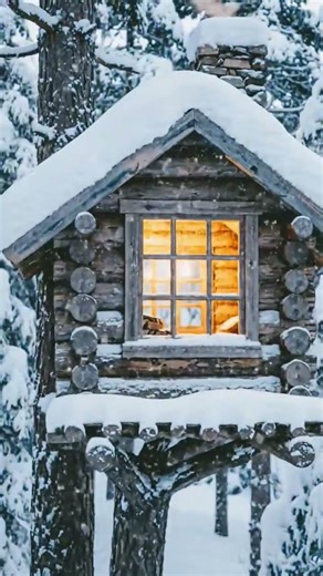 forest tree house with snow