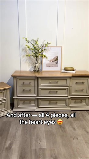 We love a subtle contrast! This was a custom work project and our client had the best taste in paint color, natural top and updated hardware. #furnituremakeover #paintedfurniture #furnitureflipper