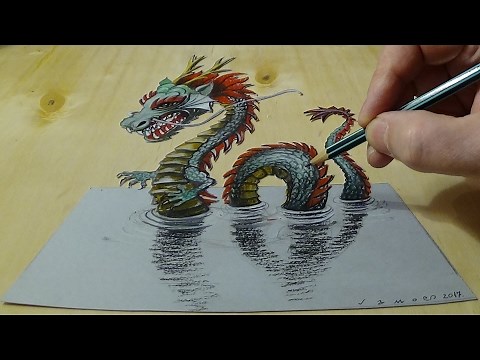 3D Drawing of a Chinese Dragon - How to Draw 3D Water Dragon - Trick Art on Paper