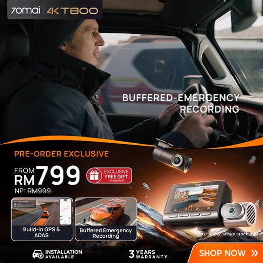 🚗💨 Drive smarter and safer with the NEW 70mai Dash Cam 4K T800! Packed with cutting-edge technology, this dash cam gives you Triple View, Dual 4K UHD recording, and a 24/7 Smart Parking Guardian — so you’re always protected on the road and off. ✨ Why choose the 70mai 4K T800? ✅ Dual 4K UHD – Crystal-clear footage, front and rear. ✅ Triple View Recording – Capture every angle with 3-channel HDR. ✅ Buffered Emergency Recording – Never miss critical moments. ✅ 24/7 Full Scope – Smart monitoring f