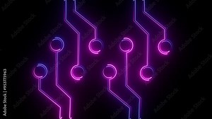 Neon Computer animated technology with glow holographic HUD rotating on dark virtual screen with animated interface, background.