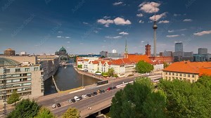 BERLIN, GERMANY - MARCH 1, 2024: Timelapse hyperlapse view of Central Berlin and famous television tower near Spree River