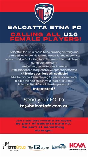⚽ Calling all talented U16 female players! Balcatta Etna FC is building a strong, competitive squad for 2026 — and we’ve got a few key spots left! ✨ Team-focused, welcoming environment ✨ Professional coaching & development pathways Ready to level up your football journey? This could be your moment. 📩 Interested? Get in touch! Td@balcattafc.com.au #PerthSoccer #PerthFootball #WomensSoccer #GirlsSoccer #FemaleFootball #WomenInSport #GirlsInSport #WomensFootball #JuniorGirlsFootball #YouthGirlsFoo