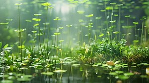 A detailed view of a pond ecosystem with aquatic plants and animals thriving in their underwater world.