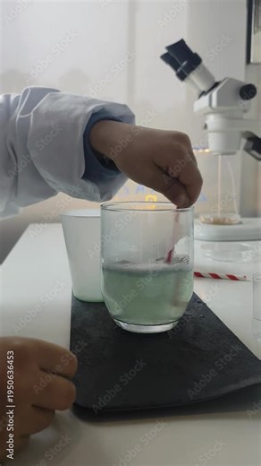 A child wearing a white lab coat is stirring a bubbling green liquid in a glass container with a red straw. A professional microscope and a "Science Day" LED board are visible on the desk.