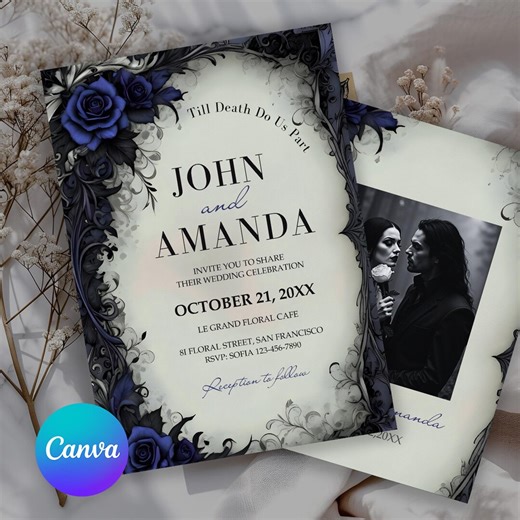 Gothic Blue Rose Wedding Invitation With Dark Ornate Frame, Editable Canva Template, Moody Fantasy Romantic Invite - Etsy