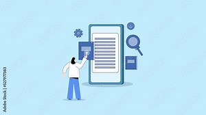 Woman reading ebook on mobile, ebook app on smartphone screen animation concept