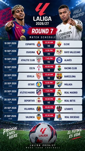 LaLiga 2026/27 Round 7 Schedule | All Fixtures & Match Times ⚽🔥 #laliga