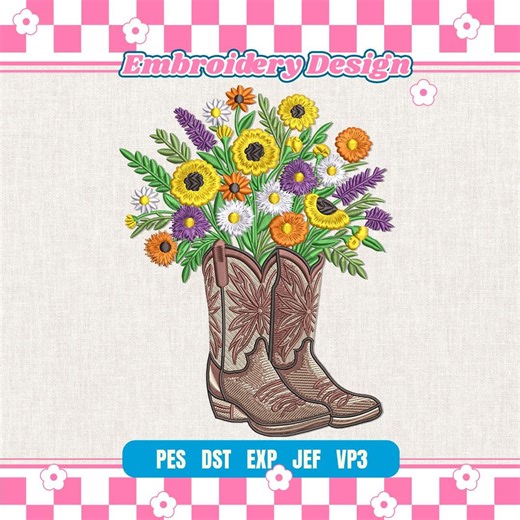 Cowboy Boot Floral Embroidery Design, Wildflower Western Instant Download Digital File - Etsy
