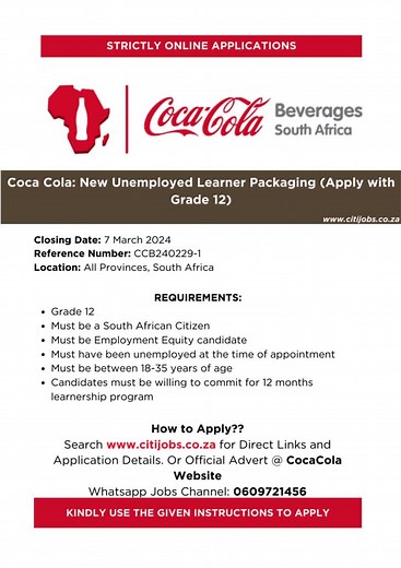 Try your luck. Apply Today and Share. #internships #learnerships #jobs2024 #tiktoksouthafrica🇿🇦 #vacancies #fyp #shoshanews #fypviral #sama28 #graduates #cocacola #cocacolachallenge