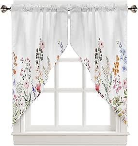 YOKOU Swag Curtains, Flower Leaves Spring Colorful Floral Summer Farm Kitchen Curtains Valance Tiers for Small Window Bedroom Bathroom, Rod Pocket 2 Panel, 28"x36"