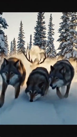 Wolves running snowy forest chasing #animalshorts #cat #wildlife #ai #aianimal #animalfight #viral