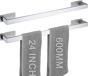 LANC Bath Towel Racks 24-Inch Self-Adhesive Towel Bar for Bathroom Wall Mounted and Drill Free Towel Rod Sticky on Kitchen/Bathroom Towel Holder Stainless Steel Brushed Nickel 2 Pack, A8310BN-L6P2