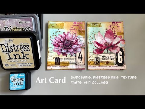 Mixed media art cards using embossing, texture paste, distress inks, and collage items.