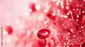Close-up visualization of red blood cells with a bokeh background, highlighting their smooth and glossy surface textures.