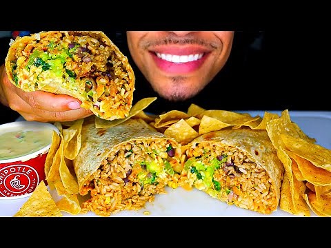 ASMR EATING CHIPOTLE BURRITO CHIPS AND QUESO BLANCO CHEESE SAUCE BIG BITES MUKBANG NO TALKING